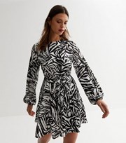 New Look Black Zebra Print Crew Neck Long Sleeve Tie Waist Mini Dress